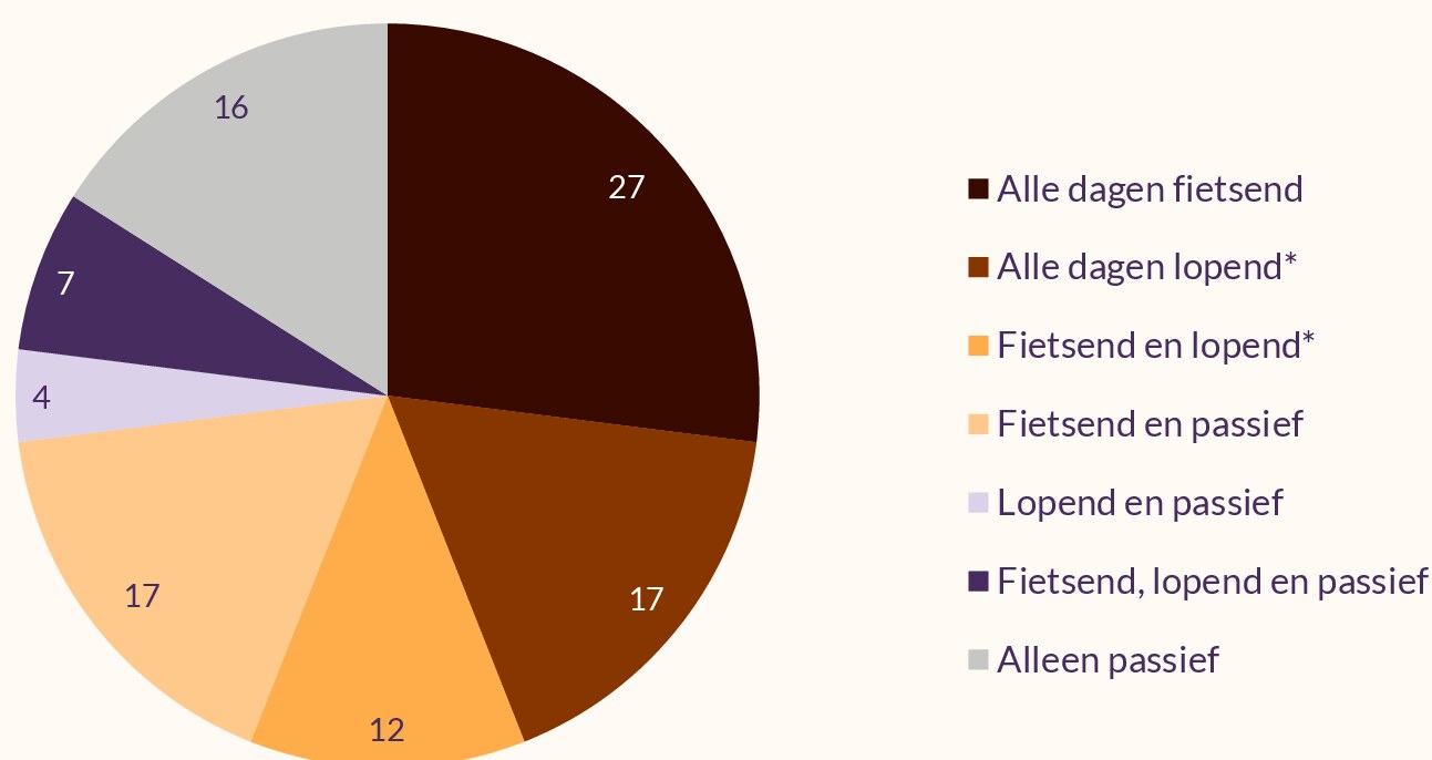 Een kwart fietst alle dagen, 17% loopt altijd. 16% alleen passief. De rest combineert lopend, fietsend en/of passief.