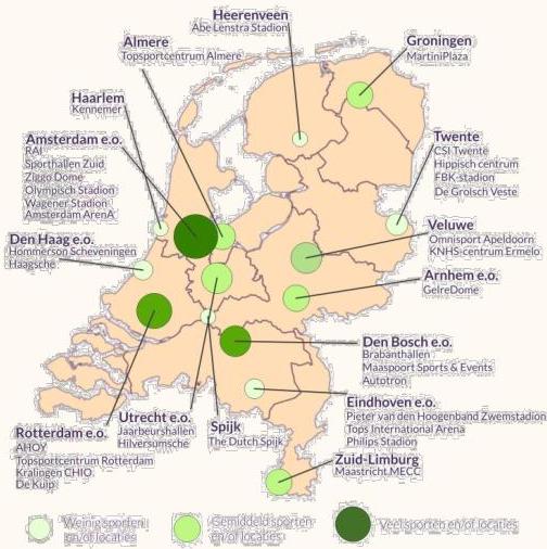Kaart met alle mogelijke locaties voor de World Games in Nederland