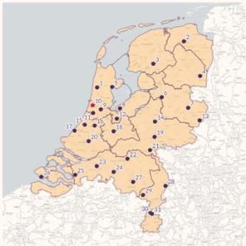 Kaart met alle TT's in Nederland. Lijst staan onder de kaart,